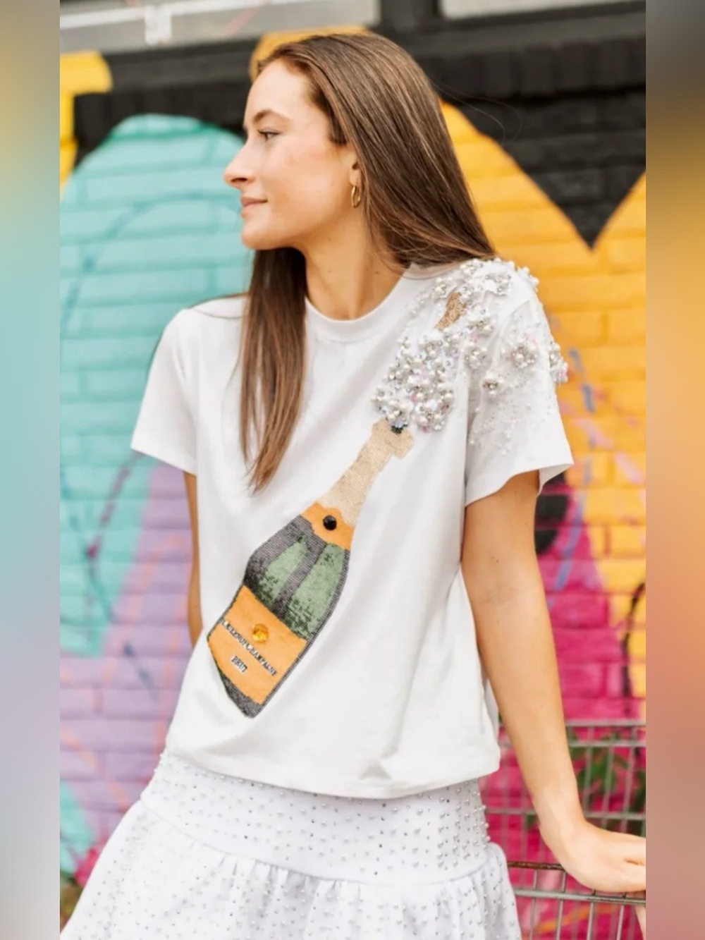 Queen of Sparkles Champagne Bottle Tee Small Pearl Sequin Rhinestone White Top